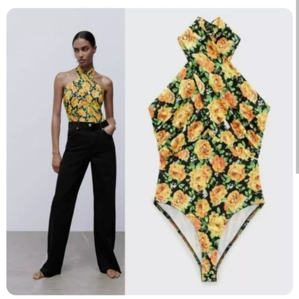 NWT  Zara Twist Neck Floral‎ Halter Top Bodysuit Small​